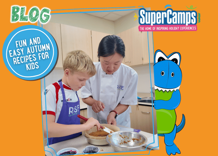 Children cooking autumn recipes with apples and pumpkins in the kitchen.