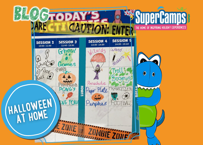 Kids playing Halloween party games and eating spooky themed snacks at home