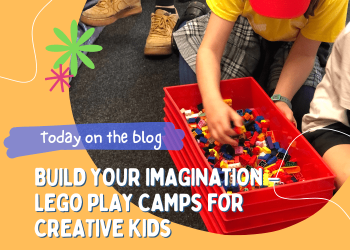 Child building a LEGO® structure at a holiday workshop, surrounded by colourful bricks